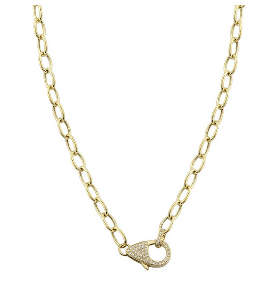 14K YELLOW GOLD OVAL LINK DIAMOND LOBSTER CLASP CHARM NECKLACE