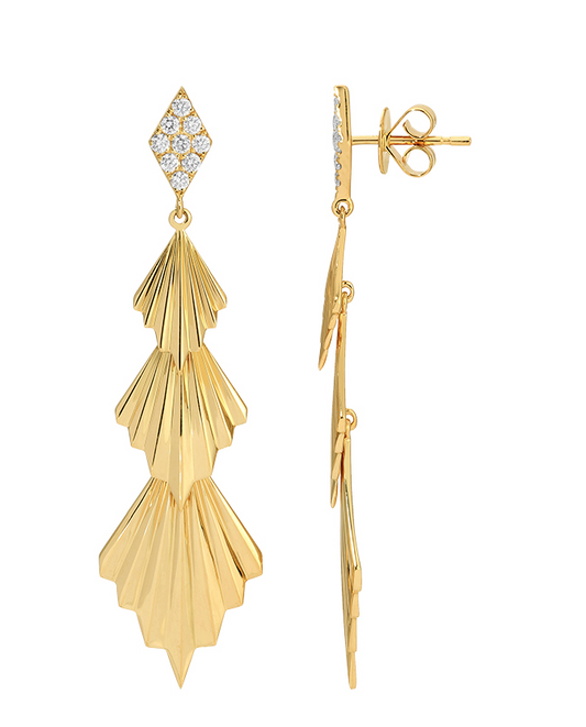 14K YELLOW GOLD FLUTED DIAMOND EARRINGS