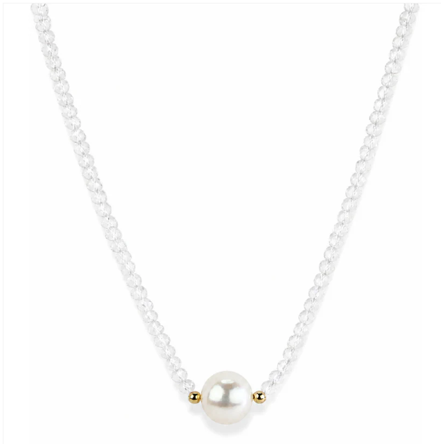 14K YELLOW GOLD WHITE TOPAZ BEADED CHOKER WITH PEARL CENTER