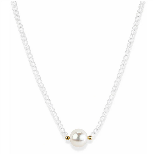 14K YELLOW GOLD WHITE TOPAZ BEADED CHOKER WITH PEARL CENTER