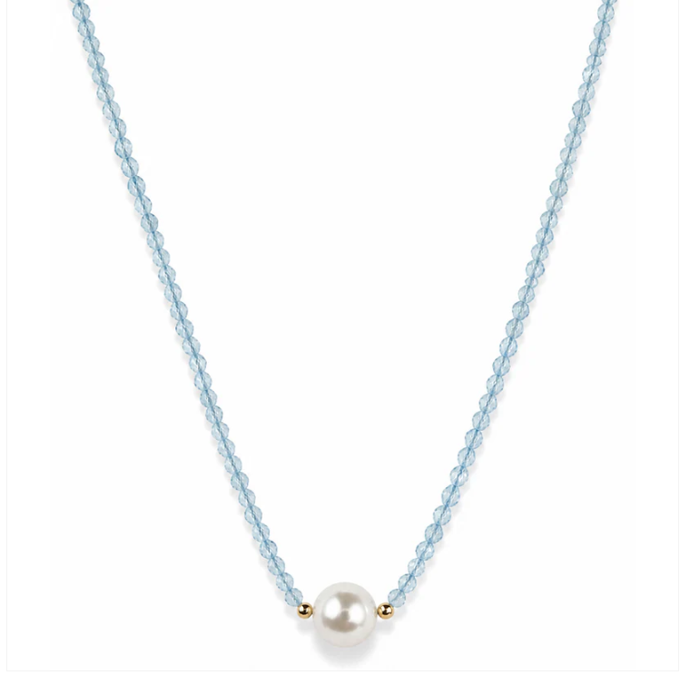 14K YELLOW GOLD BLUE TOPAZ BEADED CHOKER WITH PEARL CENTER