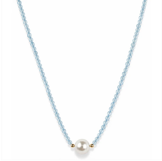 14K YELLOW GOLD BLUE TOPAZ BEADED CHOKER WITH PEARL CENTER