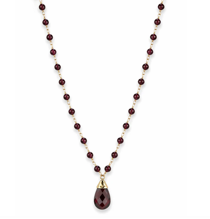 14K YELLOW GOLD BEADED GARNET NECKLACE WITH PEAR SHAPE DROP