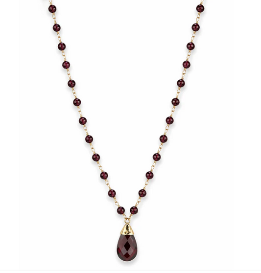 14K YELLOW GOLD BEADED GARNET NECKLACE WITH PEAR SHAPE DROP