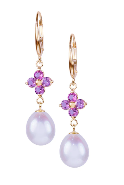 14K YELLOW GOLD PINK TOURMALINE FLOWER AND WHITE FRESHWATER PEARL DROP EARRINGS