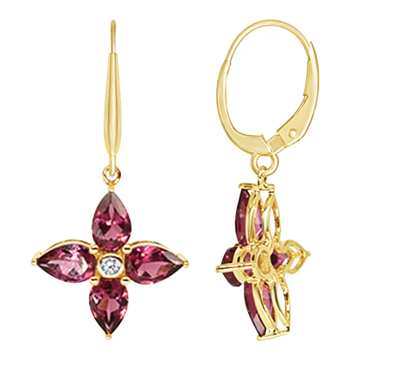 14K YELLOW GOLD RHODOLITE & DIAMOND FLOWER DANGLE EARRINGS