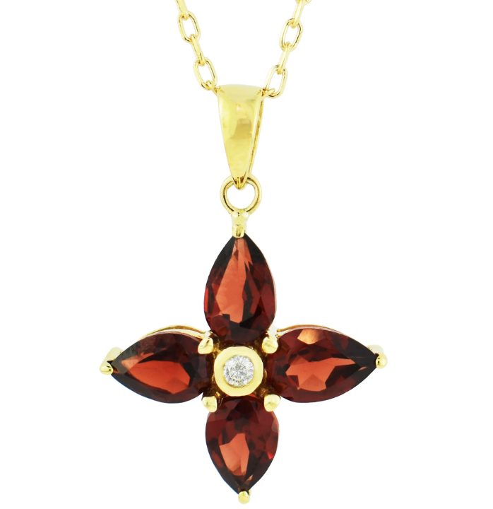 14K YELLOW GOLD RHODOLITE AND DIAMOND FLOWER PENDANT