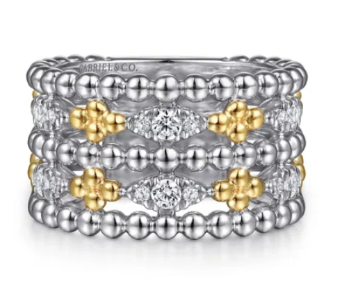 GABRIEL & CO STERLING SILVER AND 14K YELLOW GOLD WHITE SAPPHIRE DOUBLE ROW BAND