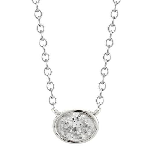 14K WHITE GOLD OVAL DIAMOND BEZEL SET NECKLACE