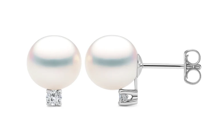 14K WHITE GOLD AKOYA PEARL AND DIAMOND STUD EARRINGS