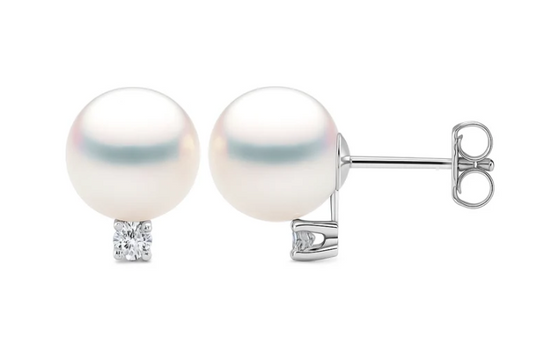 14K WHITE GOLD AKOYA PEARL AND DIAMOND STUD EARRINGS