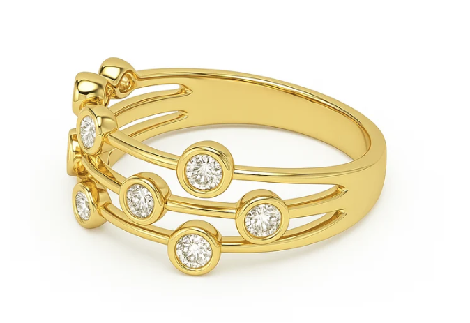 14K YELLOW GOLD DIAMOND 3 ROW BEZEL SET FASHION RIN