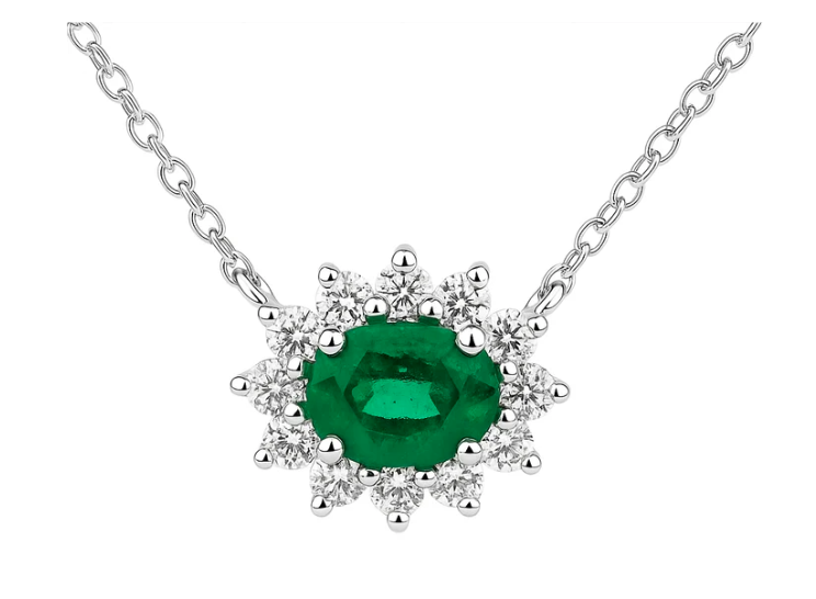 14K WHITE GOLD EMERALD AND DIAMOND STARBURST NECKLACE