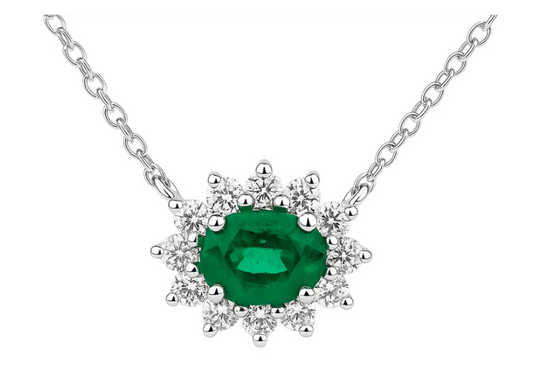 14K WHITE GOLD EMERALD AND DIAMOND STARBURST NECKLACE