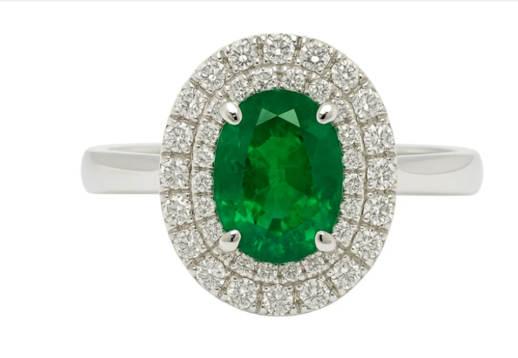 18K WHITE GOLD EMERALD AND DIAMOND HALO COCKTAIL RING