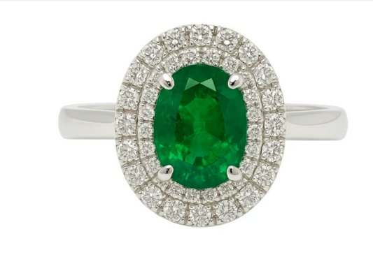 18K WHITE GOLD EMERALD AND DIAMOND HALO COCKTAIL RING