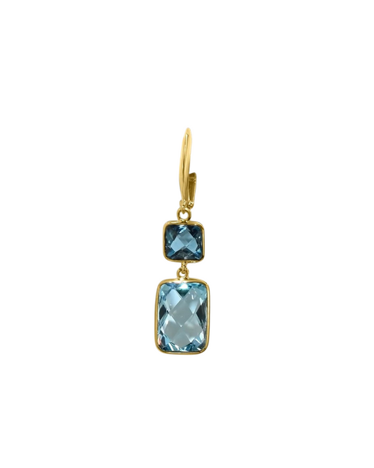 14K YELLOW GOLD LONDON SWISS BLUE TOPAZ BEZEL SET DROP EARRINGS