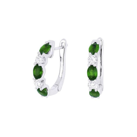 WHITE GOLD OVAL EMERALD AND DIAMOND HOOP EARRINGS