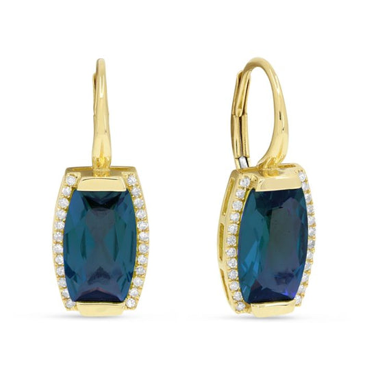 YELLOW GOLD DIAMOND AND LONDON BLUE TOPAZ EMERALD CUT HALO EARRINGS