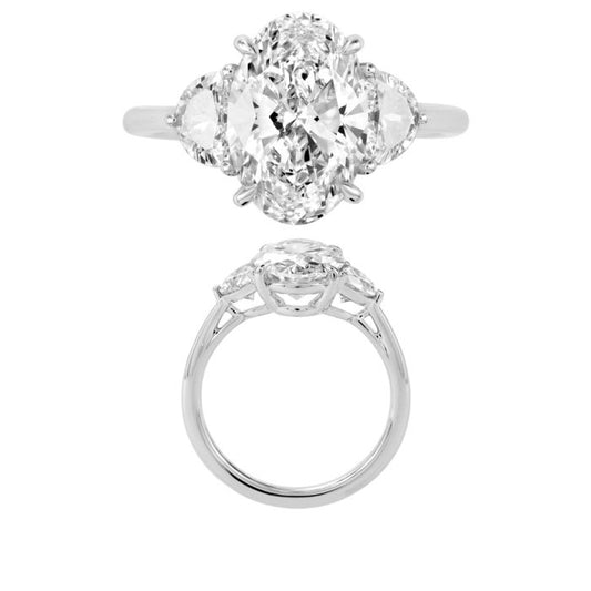 3 CT OVAL BRILLIANT LAB GROWN DIAMOND ENGAGEMENT RING WITH TWO HALF MOON LAB GROWN DIAMONDS