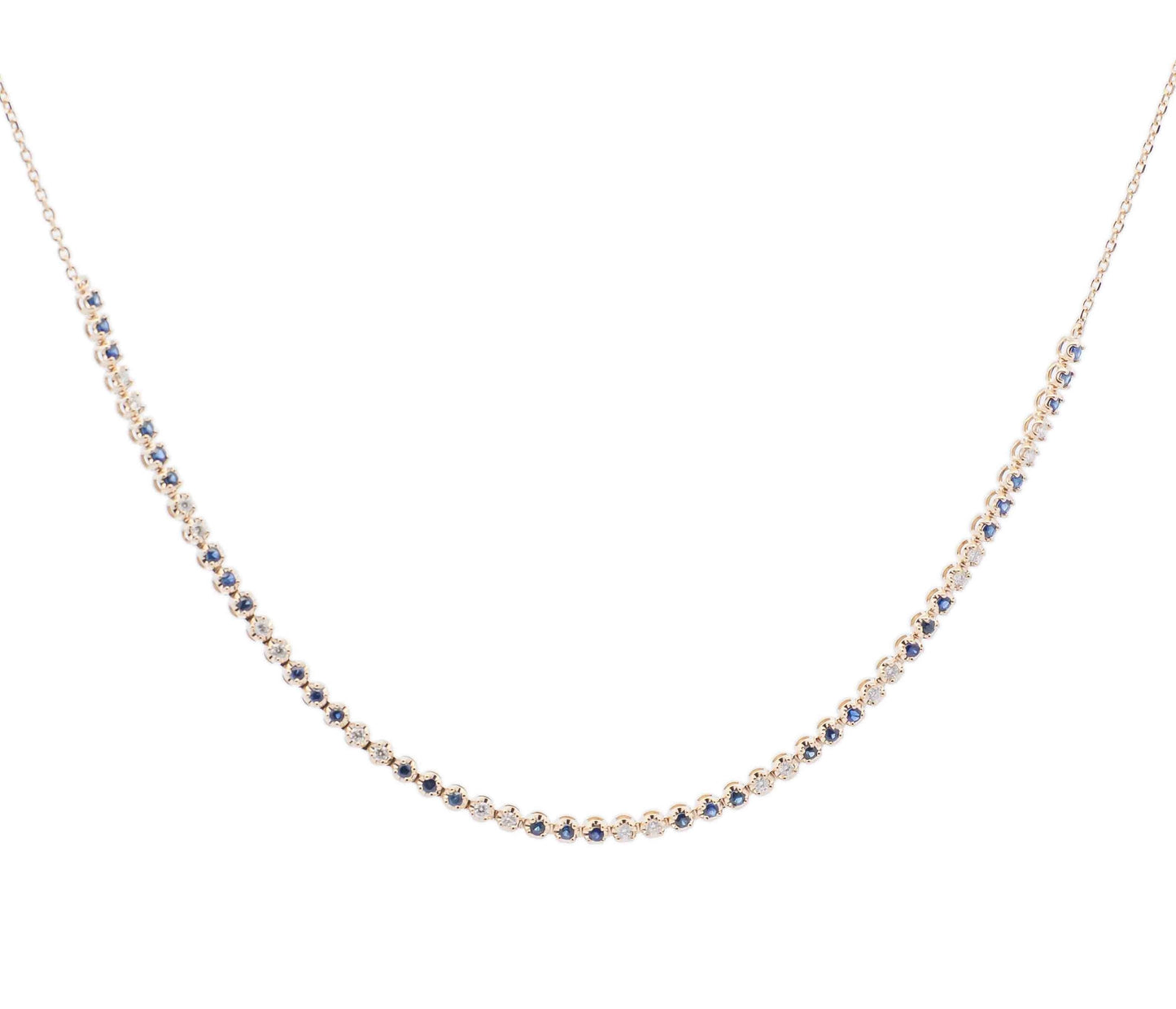 14K YELLOW GOLD DIAMOND AND BLUE SAPPHIRE LINE NECKLACE