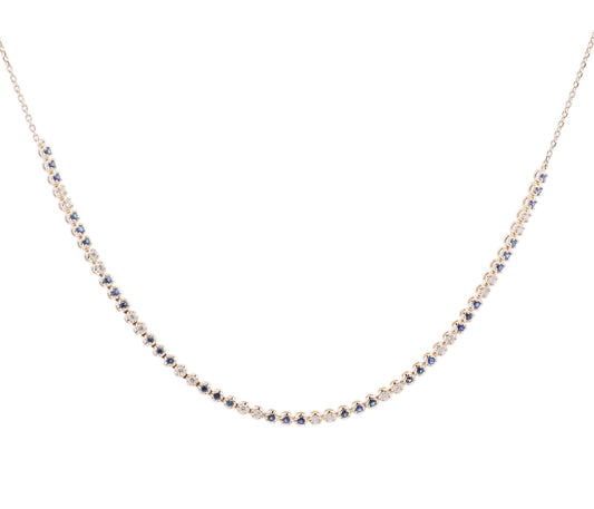14K YELLOW GOLD DIAMOND AND BLUE SAPPHIRE LINE NECKLACE