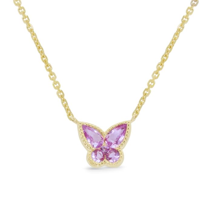 14K YELLOW GOLD PINK SAPPHIRE BUTTERFLY NECKLACE