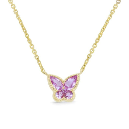 14K YELLOW GOLD PINK SAPPHIRE BUTTERFLY NECKLACE