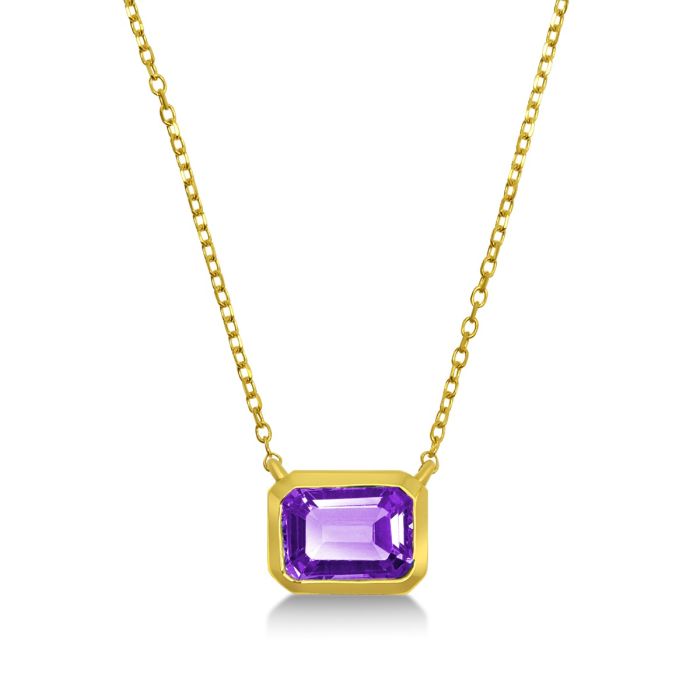 YELLOW GOLD EMERALD CUT AMETHYST BEZEL SET NECKLACE