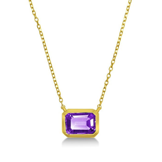 YELLOW GOLD EMERALD CUT AMETHYST BEZEL SET NECKLACE