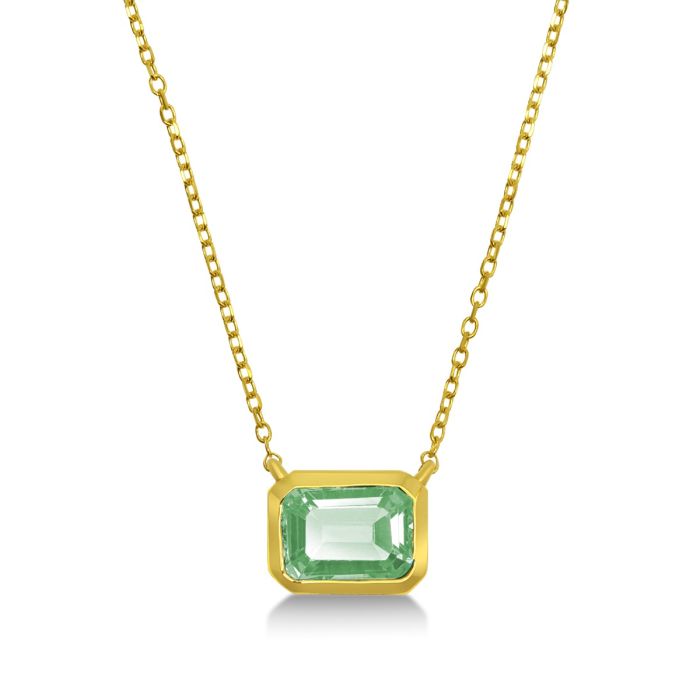 YELLOW GOLD EMERALD CUT GREEN AMETHYST BEZEL SET NECKALCE