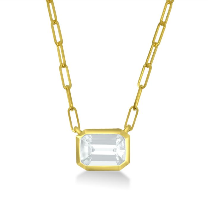 YELLOW GOLD EMERALD CUT WHITE TOPAZ  BEZEL SET NECKALCE