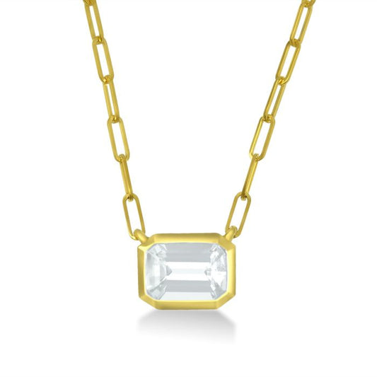 YELLOW GOLD EMERALD CUT WHITE TOPAZ  BEZEL SET NECKALCE