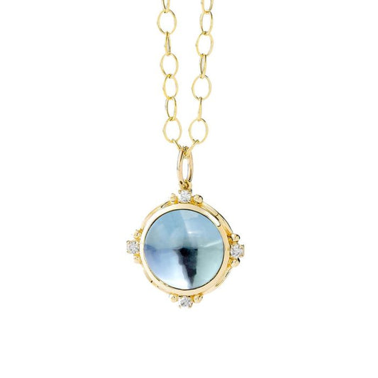 18K YELLOW GOLD BLUE TOPAZ 23 CT MOGUL PENDANT WITH 4 DIAMONDS