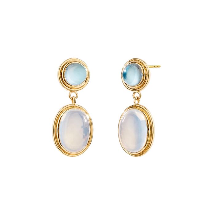 18K YELLOW GOLD MOON QUARTZ 7 CT AND BLUE TOPAZ 3 CT EARRINGS