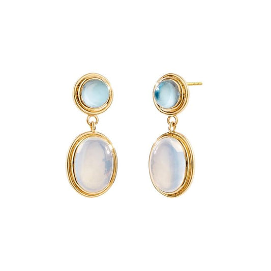 18K YELLOW GOLD MOON QUARTZ 7 CT AND BLUE TOPAZ 3 CT EARRINGS