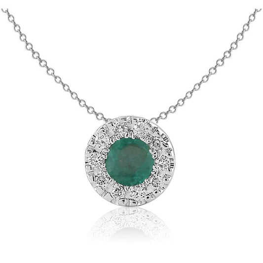14K WHITE GOLD DIAMOND AND EMERALD HALO PENDANT