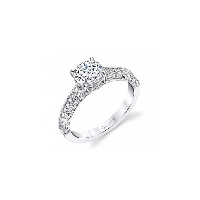 Sylvie Designer Engraved Solitaire Diamond Engagement Ring