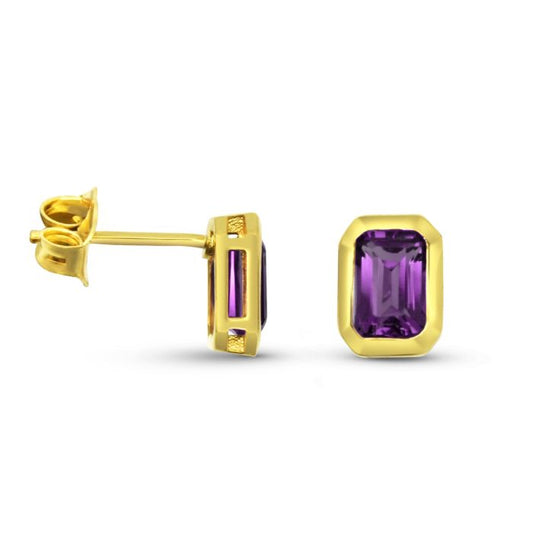 YELLOW GOLD EMERALD CUT AMETHYST BEZEL SET STUDS