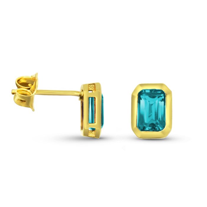 YELLOW GOLD EMERALD CUT BLUE TOPAZ  BEZEL SET STUDS