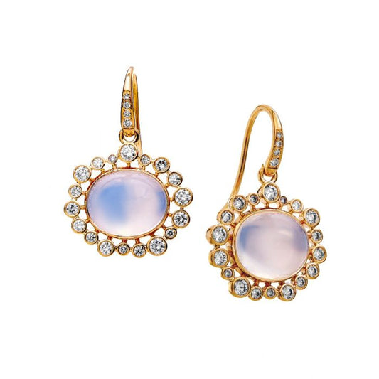 YELLOW GOLD COSMIC MOON QUARTZ AND DIAMOND EARRINGS