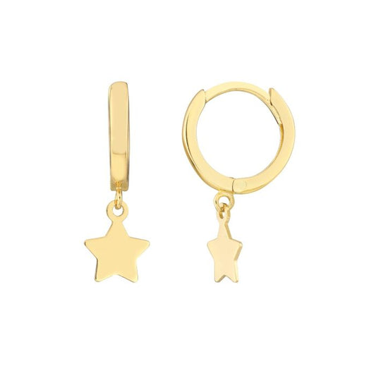 YELLOW GOLD HUGGIE HOOP DANGLE STAR EARRINGS