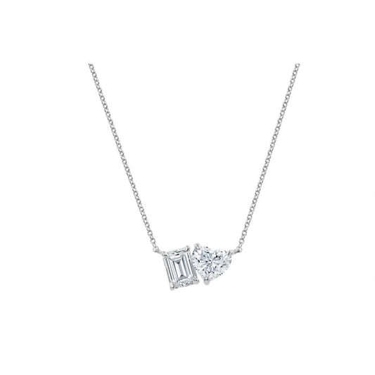 WHITE GOLD TOI ET MOI EMERALD AND HEART SHAPE DIAMOND PENDANT