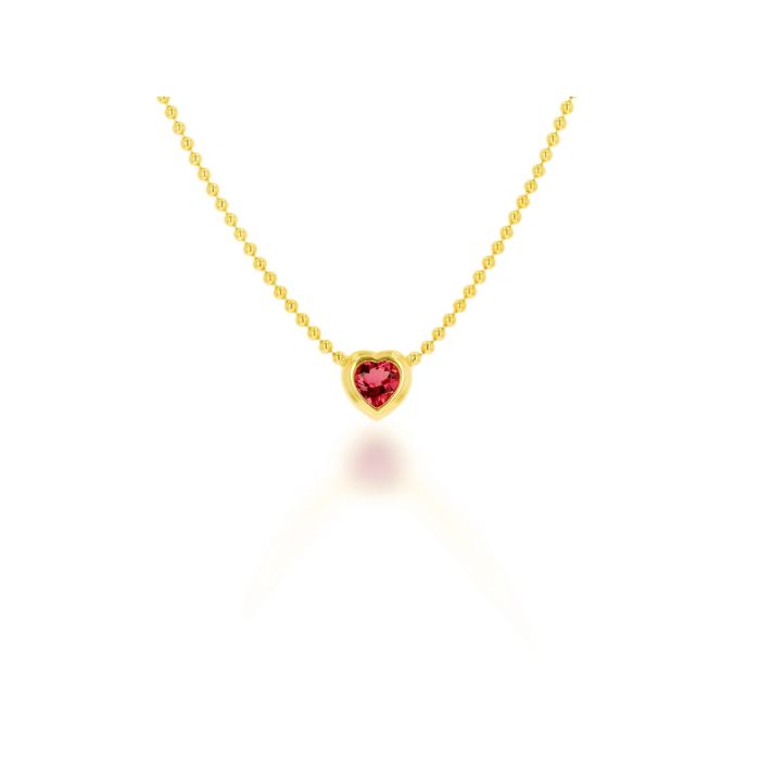 14K YELLOW GOLD PINK TOURMALINE HEART BEZEL BEAD NECKLACE