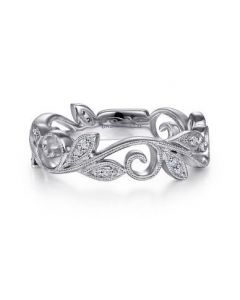 GABRIEL WHITE GOLD DIAMOND SCROLLING FLORAL STACKABLE RING