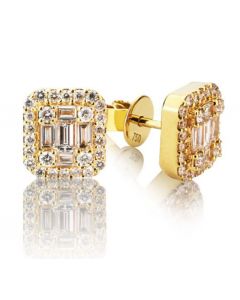 YELLOW GOLD BAGUETTE AND ROUND DIAMOND ILLUSION STUDS
