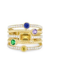 YELLOW GOLD 5 ROW MULTI COLORED SAPPHIRE AND DIAMOND RING