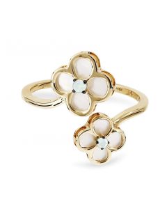  YELLOW GOLD MOTHER OF PEARL AND DIAMOND FLOWER BYPASS RING