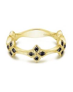 GABRIEL YELLOW GOLD BLACK DIAMOND FLORAL STATION STACKABLE RING