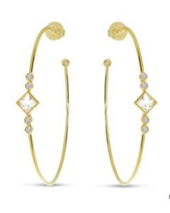 YELLOW GOLD WHITE TOPAZ AND DIAMOND WIRE HOOP EARRINGS